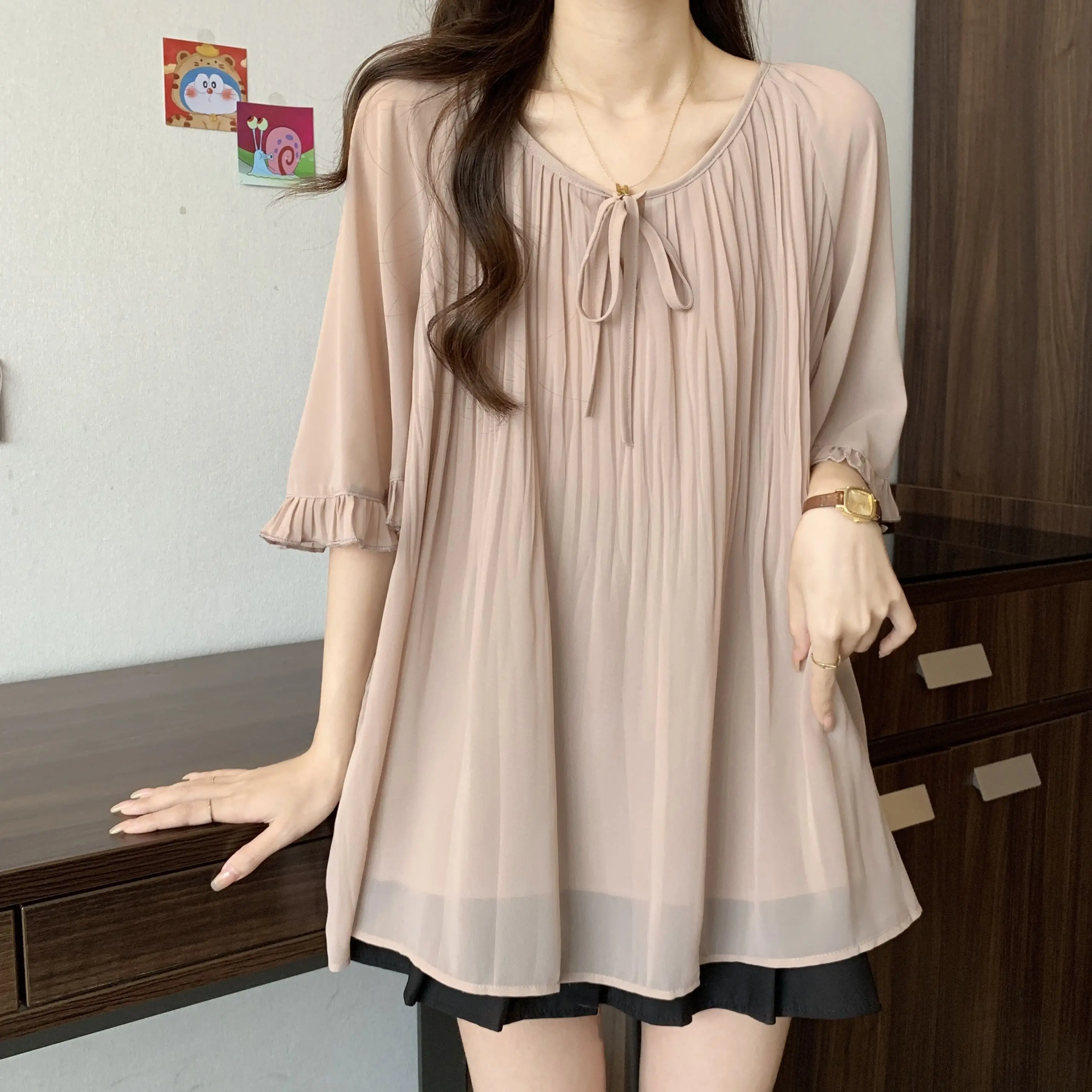

Pleated Lace Up Short Sleeved Chiffon Shirt Summer Casual Loose Belly Covering Blouse Tops Temperament Fashion Clothes for Women