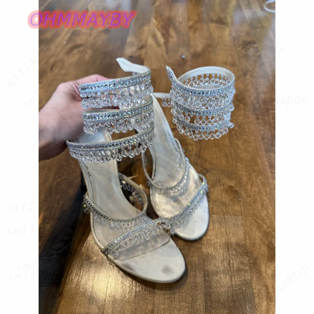Women White Crystal Tassel Ankle Wrap Strap Sandals Open Toe Stiletto Heel Rhinestone Fringe Bridal Wedding Evening Party Shoes