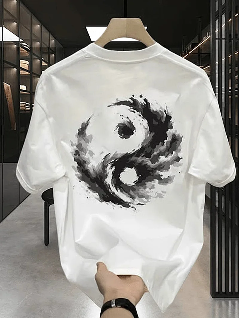 Tai Chi Symbol T Shirt Men Women Loose Heavyweight 320g Pure Cotton Short Sleeve Crew Neck Casual Summer Top Chinese Style