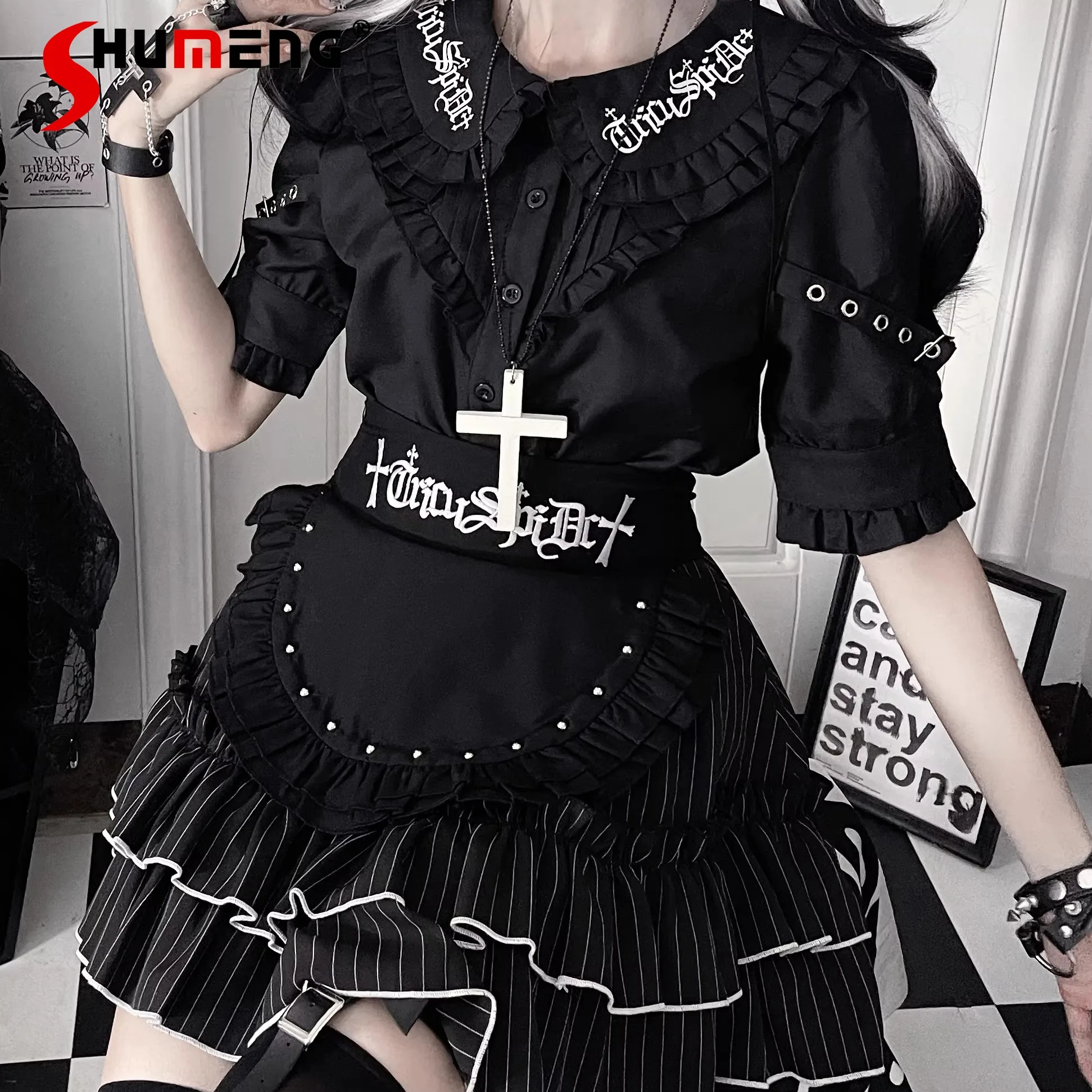 

Original Dark Subculture Harajuku Style Blouse Printed Doll Collar Bubble Sleeve Single-breasted Versatile Slim Shirt Tops Women