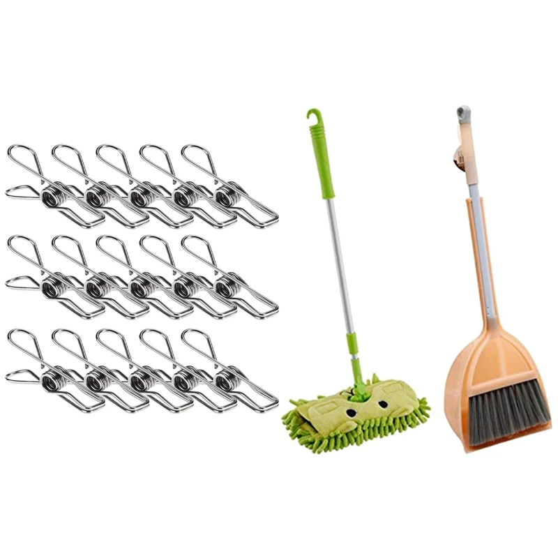 

24 Pcs Stainless Steel Wire Clip & 1 Set Small Mop Small Broom Small Dustpan, Little Housekeeping Helper Set