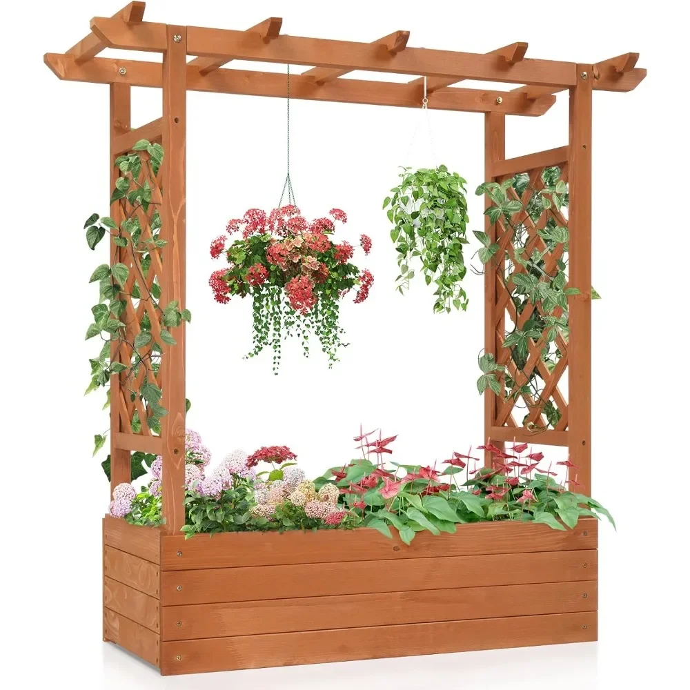 Plant Stand.Raised Garden Bed with Trellis, Wood Planter Box with Hanging Roof, Side Trellis and Drainage Holes, Above Ground