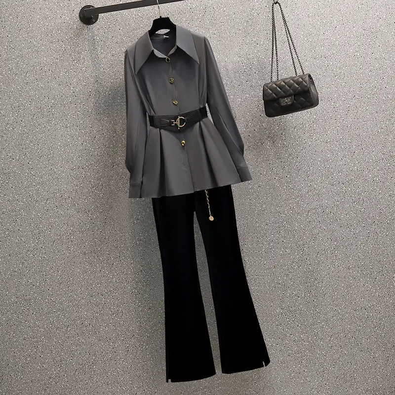 Korean Fashion Elegant Women's Pants Suit Casual Chiffon Shirt Personalized Waist Chain Trousers Two-piece Set Female Blazer