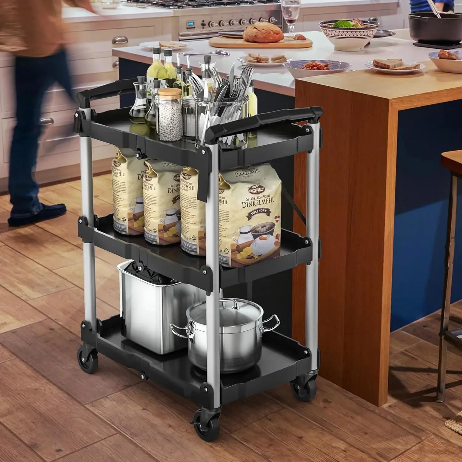 3-Tier Wheeled Portable Factory Direct Service Cart Low Duty Folding Utility Cart with Brakes for Kitchen Made Plastic Tool Use