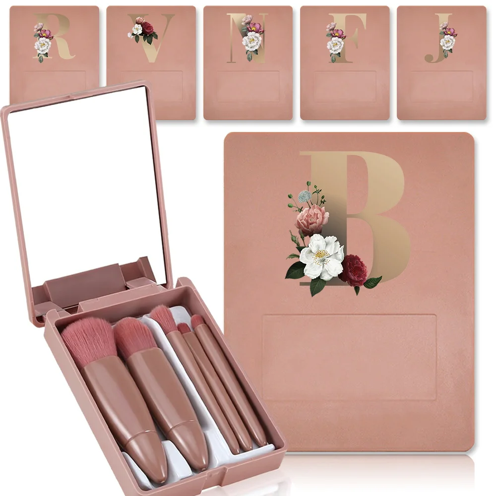 5 Pcs Women Cosmetic Brushes Set With Mirror Organizer Durable Case Makeup Smudge Powder Eye Shadow Brush Gold Letter Pattern