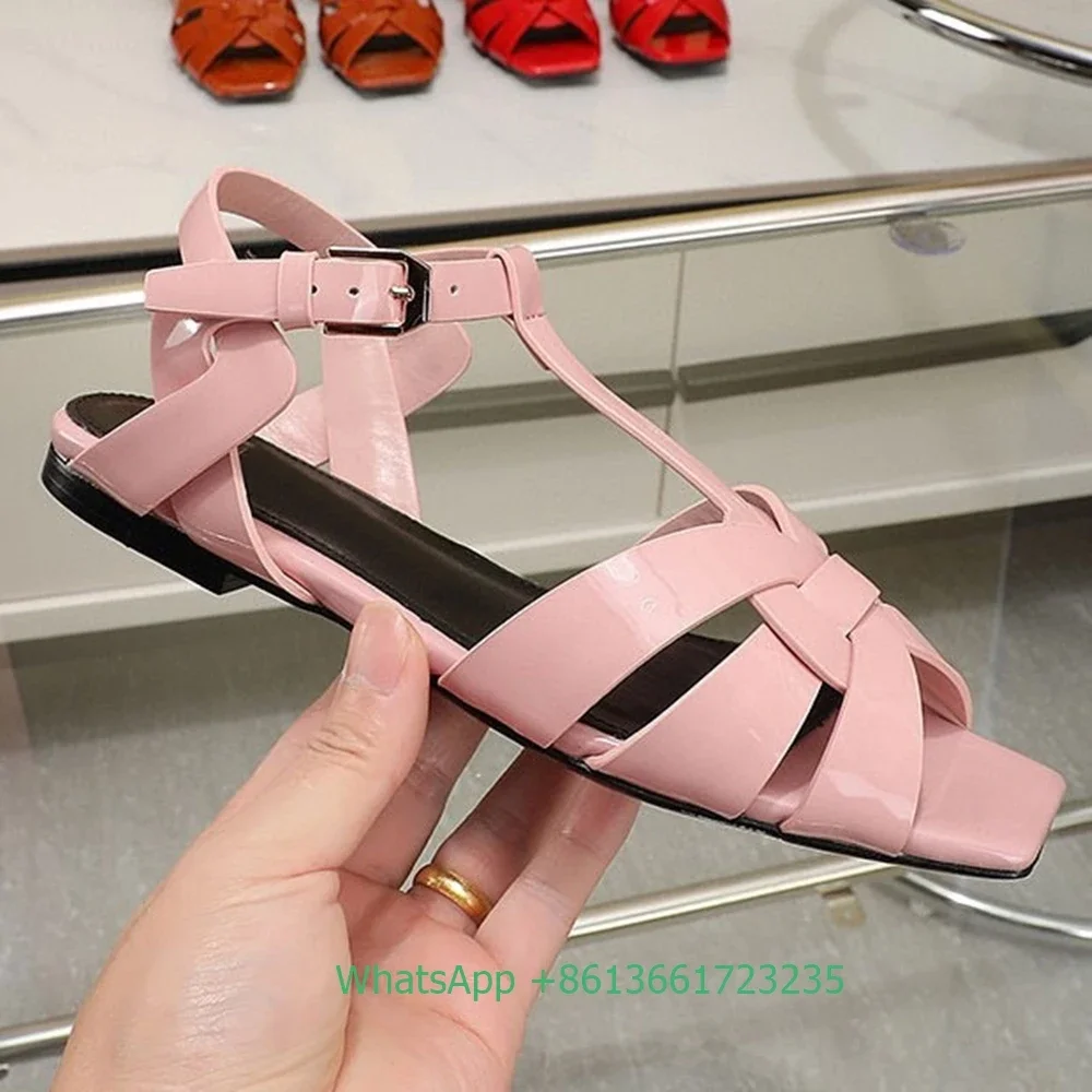 Women Cross Straps Square Toe Flat with Sandals Solid Color Open Toe Real Patent Leather Flat Sandales 2025 Newest Summer Sandal