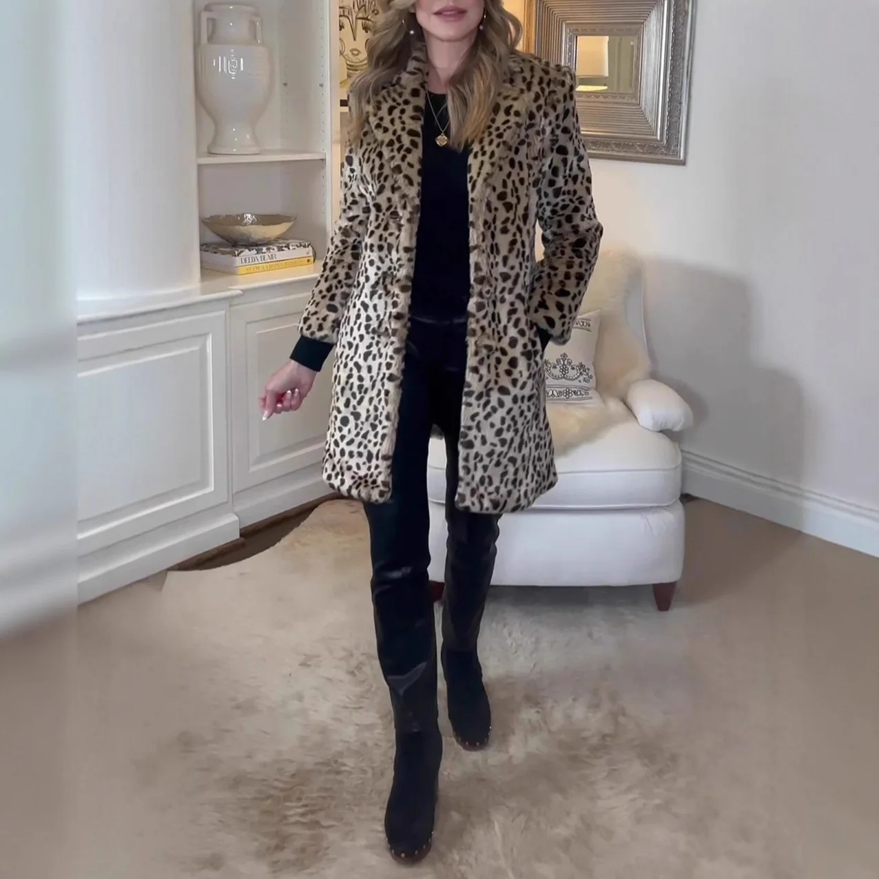 

2025 Autumn and Winter European and American Plush Long Leopard Print Coat Suit Collar Faux Fur Coat Women