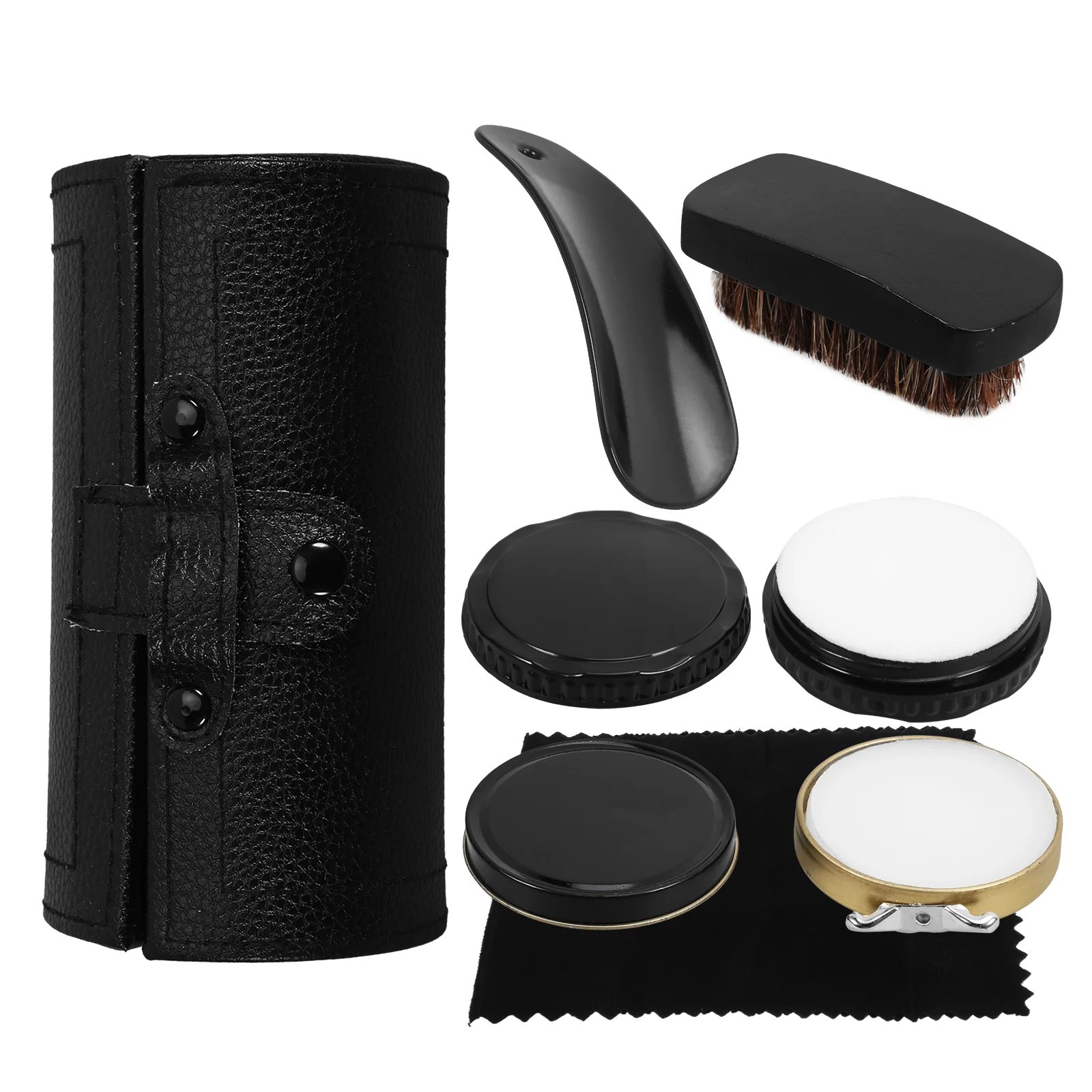 6Pcs Portable Shoes Polish Kit Practical Shoe Brush kit with Sleek Elegant Case for Shoes Polish Care(Black)