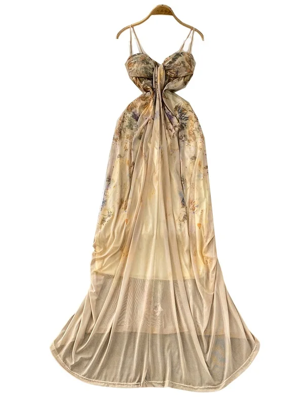 E Vestido Vintage con Tirantes en V para Mujer, Vestido Largo Asimétrico con Estampado E para Verano, Estilo Ca...