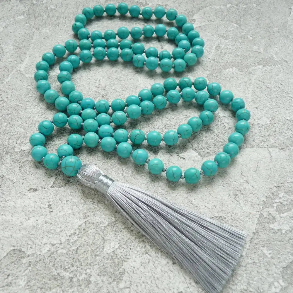 

Natural Turquoise 108 Mala Beads Necklace with Grey Tassel Calming & Protection Healing Crystal Jewelry