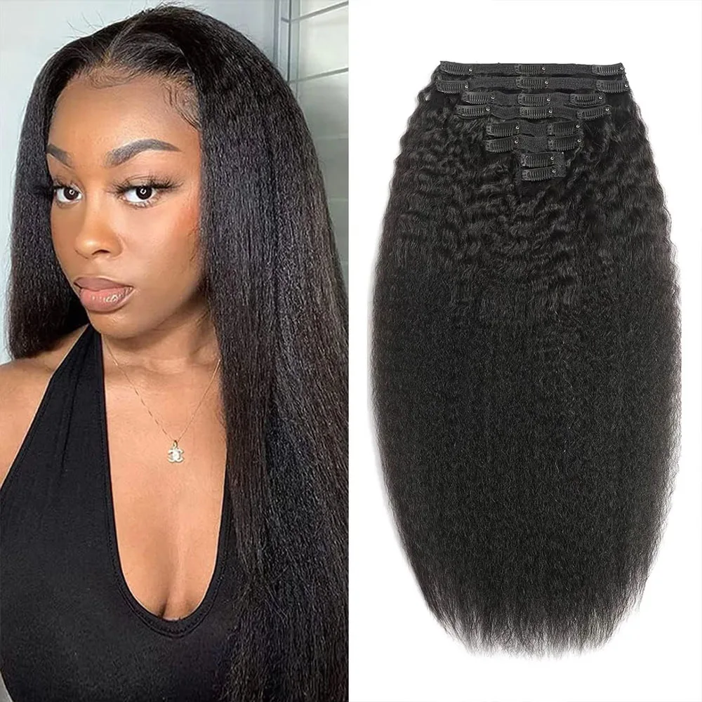 Kinky Straight Clip In Hair Extensions Human Hair Brazilian Remy Kinky Straight Clip Ins for Black Women  Natural Color Full Volume Natural Texture Real Human Hair Extensions