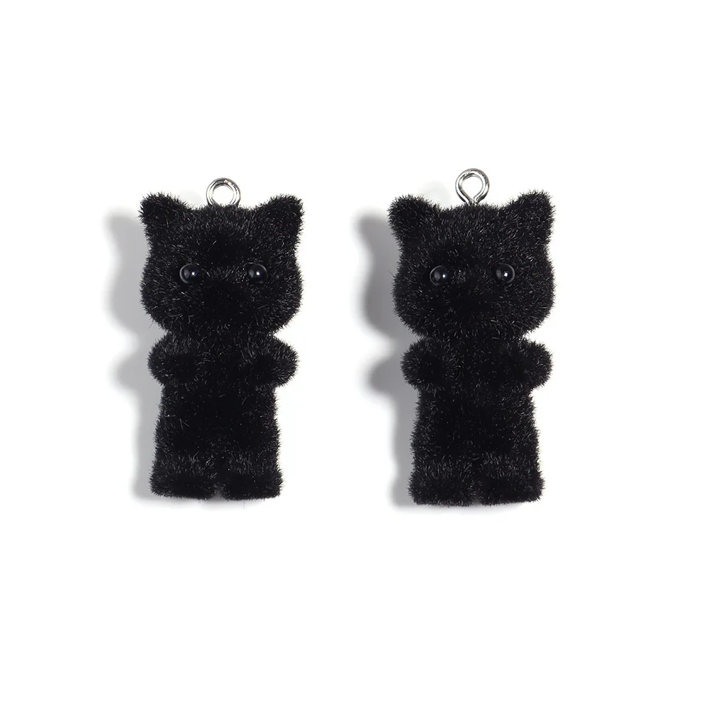 New Kawaii 3D Fluffy Flocking Cat Animal Charms Miniature Dolls Keychain Necklace Pendant DIY Crafts Jewelry Make