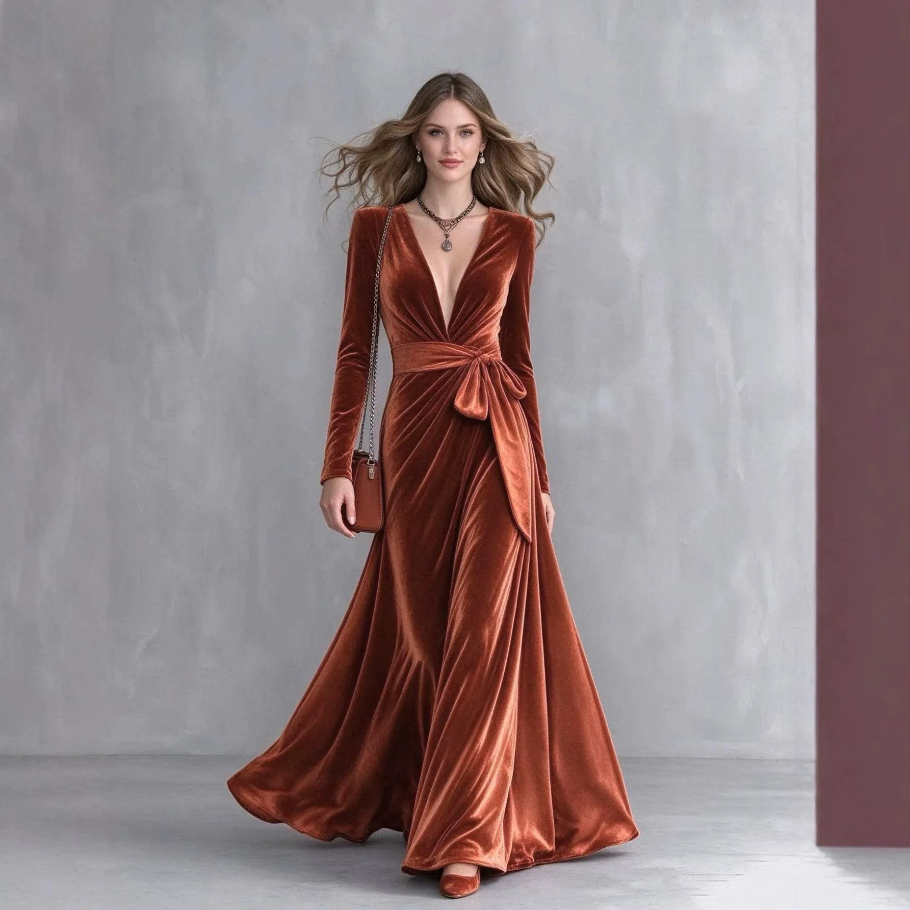 V Neck Long Sleeve Gown with a Line Skirt and High Waist for Women in Elegant Style Nameless Noblewoman Seasonal Autumn Dress