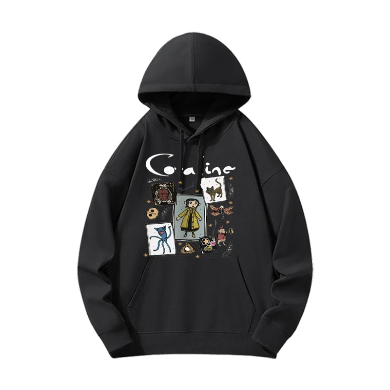 Coroline moletom com capuz masculino halloween y2k nova impressão digital algodão estranho retro hoodie harajuku outono e inverno manga longa topo