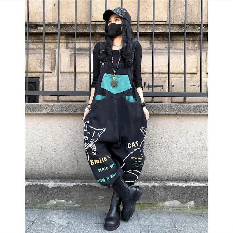 

Denim Jumpsuits for Women Casual Cartoon Print One Piece Outfit Women Rompes Loose Korean Style Vintage Playsuits Women Clothing