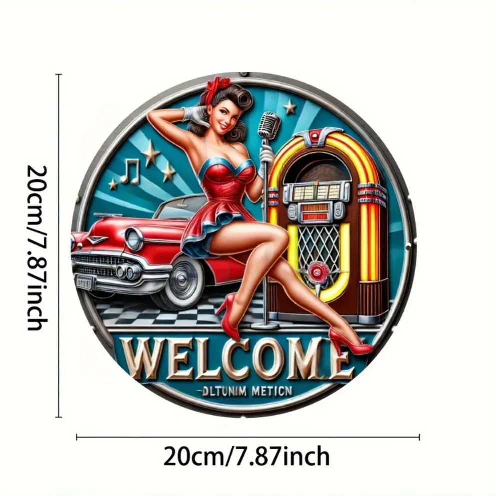 لوحة فنية جدارية حديدية عتيقة: ميكروفون براقة وتصميم نسائي للبار أو المقهى أو غرفة النوم أو غرفة الموسيقى - قطعة بيان ريترو شيك