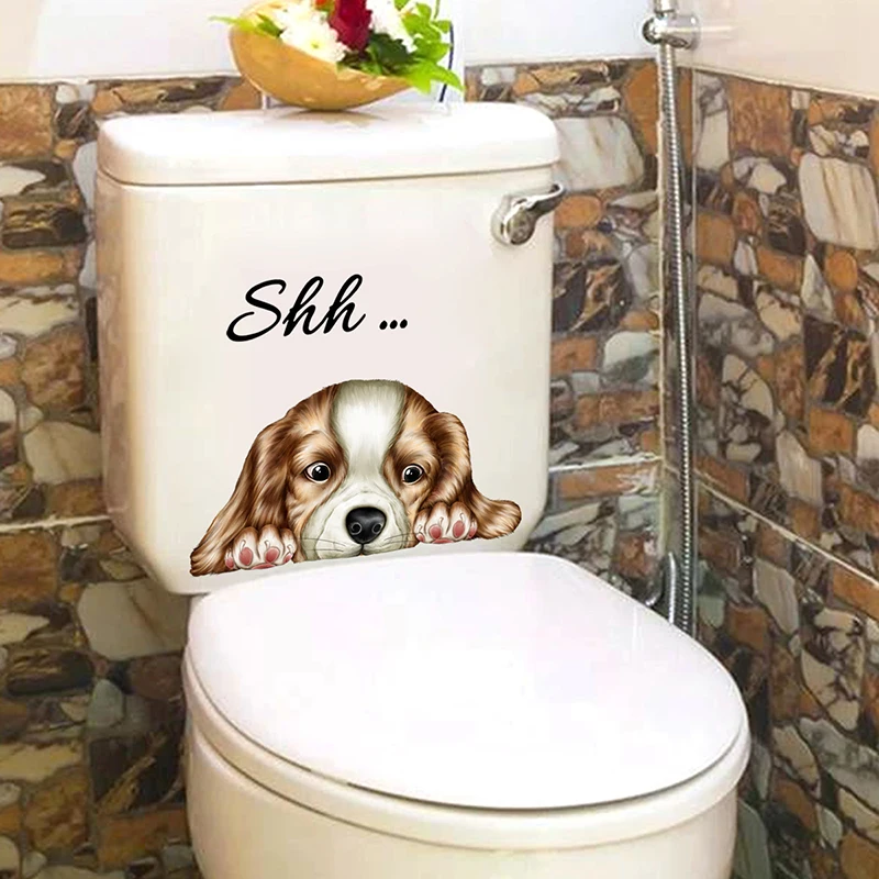 C117#Long-eared Dog Wall Sticker Bathroom Toilet Decor Living Room Cabinet Home Decoration Decals Beautify Self Adhesive Mural