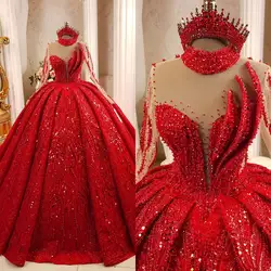 Red Ball Gown Wedding Dresses Beaded Crystals Pearls Lace Bridal Gowns Big Size Sweep Train Vestidos De Novia Custom Size Colour