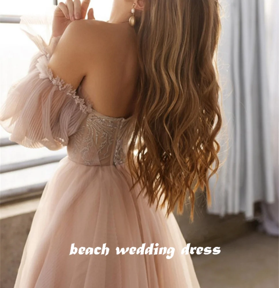 Vestido De novia De tul con escote corazón De playa, vestido De novia De encaje con cuentas, cuello en V, manga acampanada, Espalda descubierta, corte en A, cola De corte