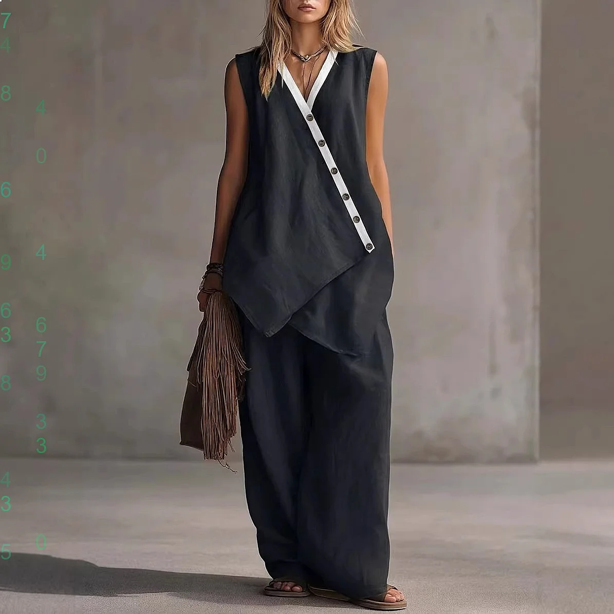 2026 Spring and Summer Independent Station Europe and America Bohemian V-neck irregular button vest wide-leg pants casual suit