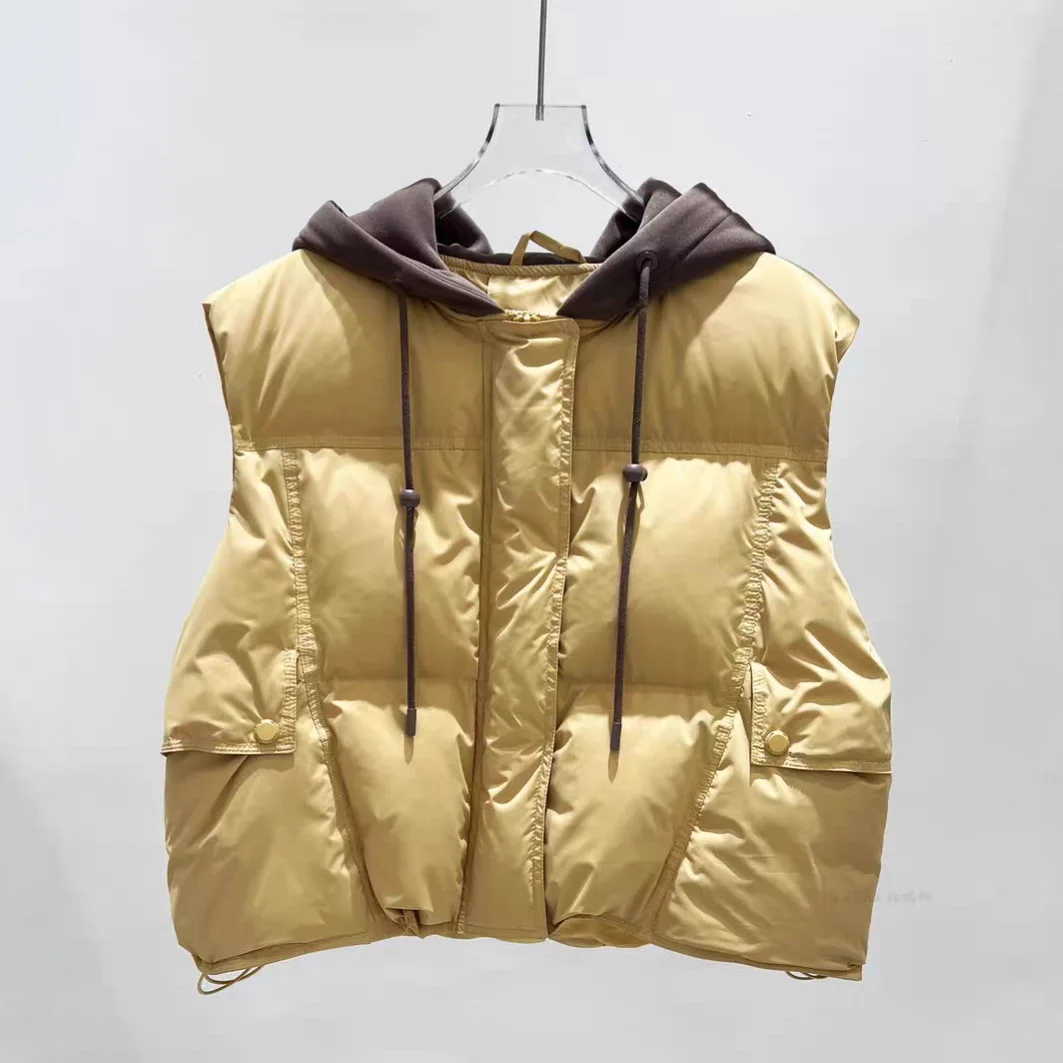 2026 Otoño Invierno Patchwork con capucha Puff chaleco femenino cremallera cordón acolchado chaleco mujeres pato blanco abajo chalecos cálidos