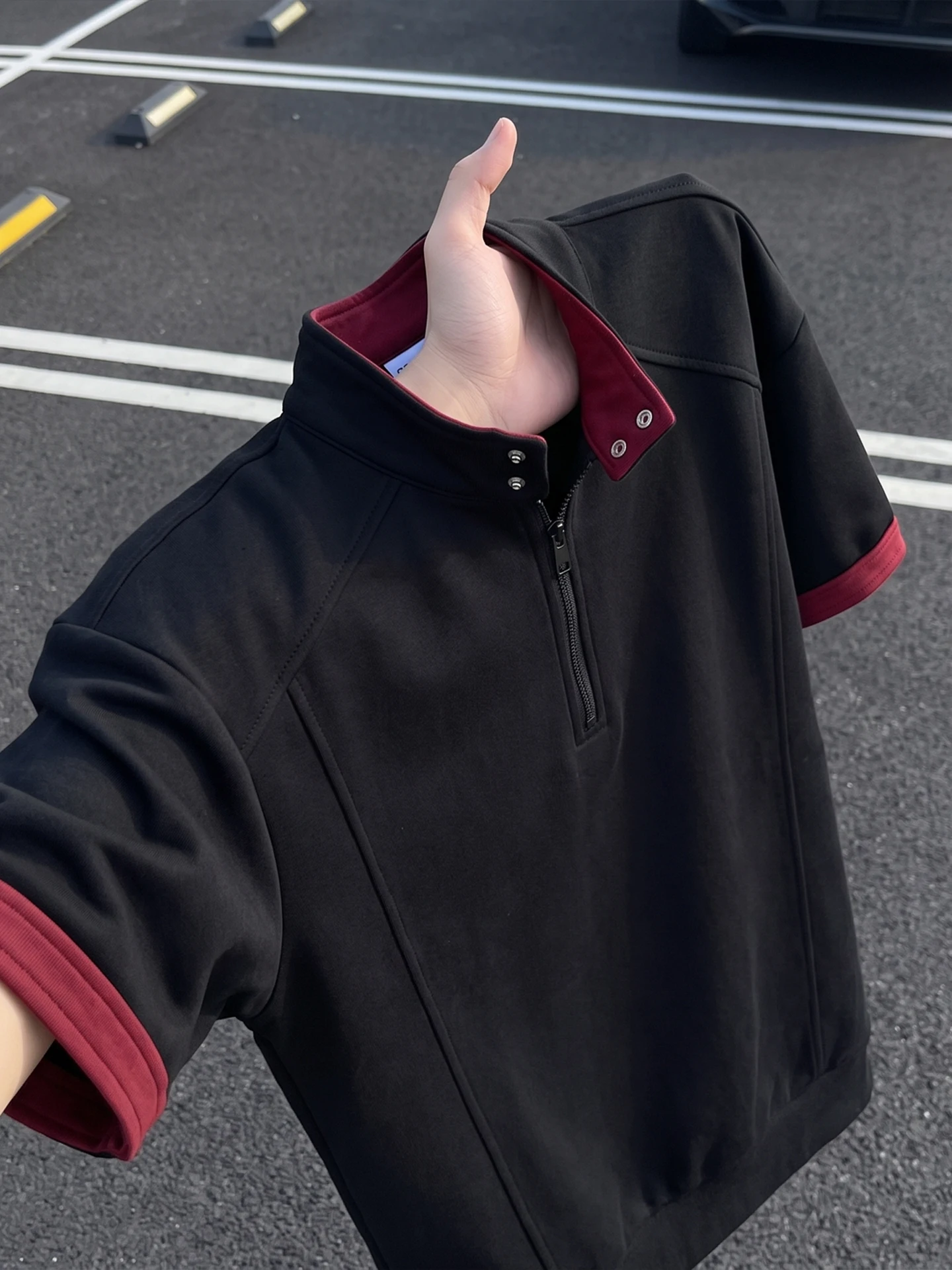 Cleanfit Color Block Half Zip Short Sleeve Men's Summer T-Shirt Stand Collar Heavyweight  Shirt Deconstructed Design Trendy