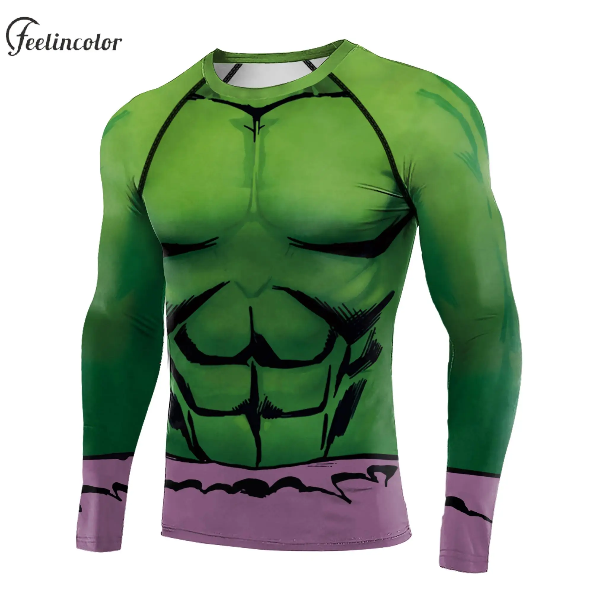 Man Compression Shirts Long Sleeve T-Shirt Male Fitness Top Crewneck Gym Clothes Elastic Anime Green Muscle Pattern Streetwear