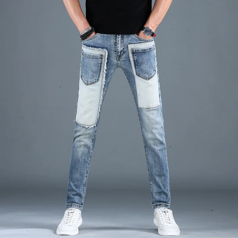 

2024New Patchwork Stitching Fashion Jeans Men's Slim Fit Ankle-Tied Trendy High-End Street Locomotive Style Casual Trousers