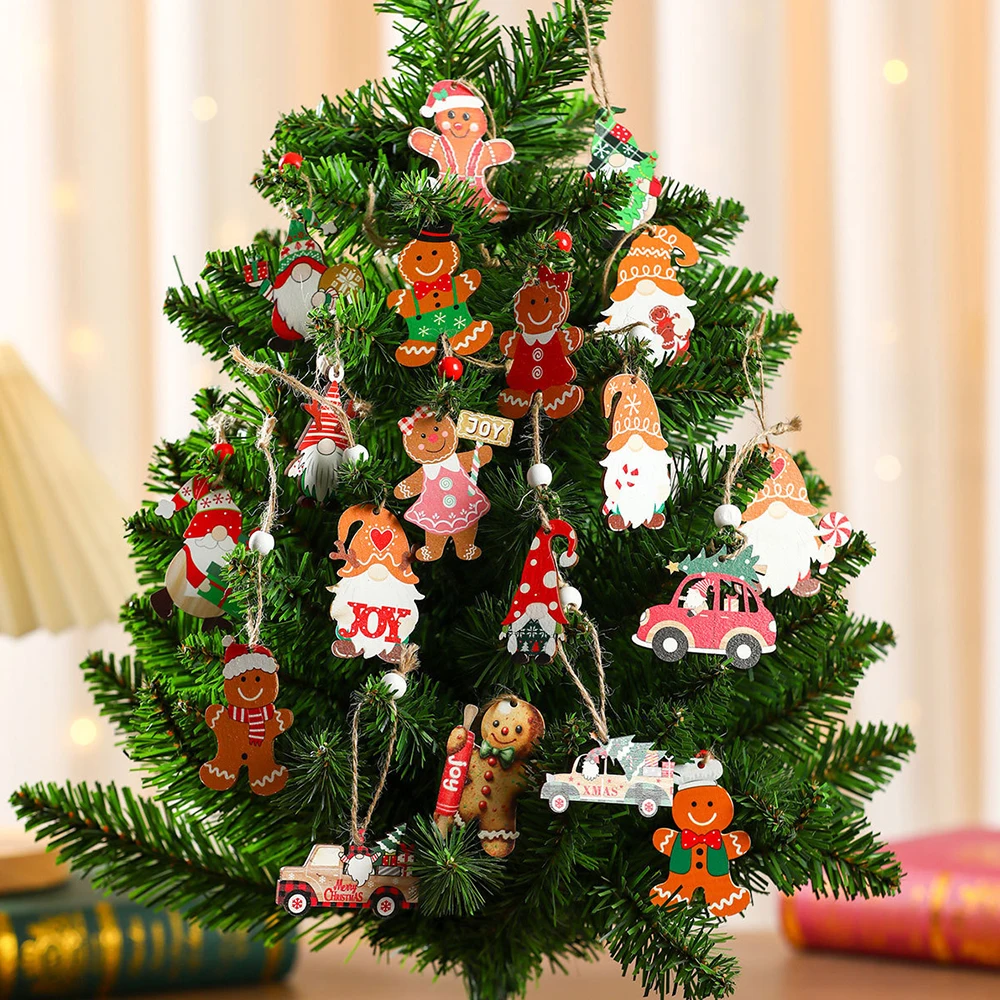 12PC Christmas Wooden Pendants Gingerbread Man Gnomes Xmas Tree Hanging Oranment Noel Navidad Decorations for Home New Year Gift