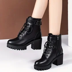 2024 Women's Solid Chunky Heel Boots Fashion Lace Up Shoes for Women Side Zipper Boots Stylish Buckle Strap Detailed Ankle Boots