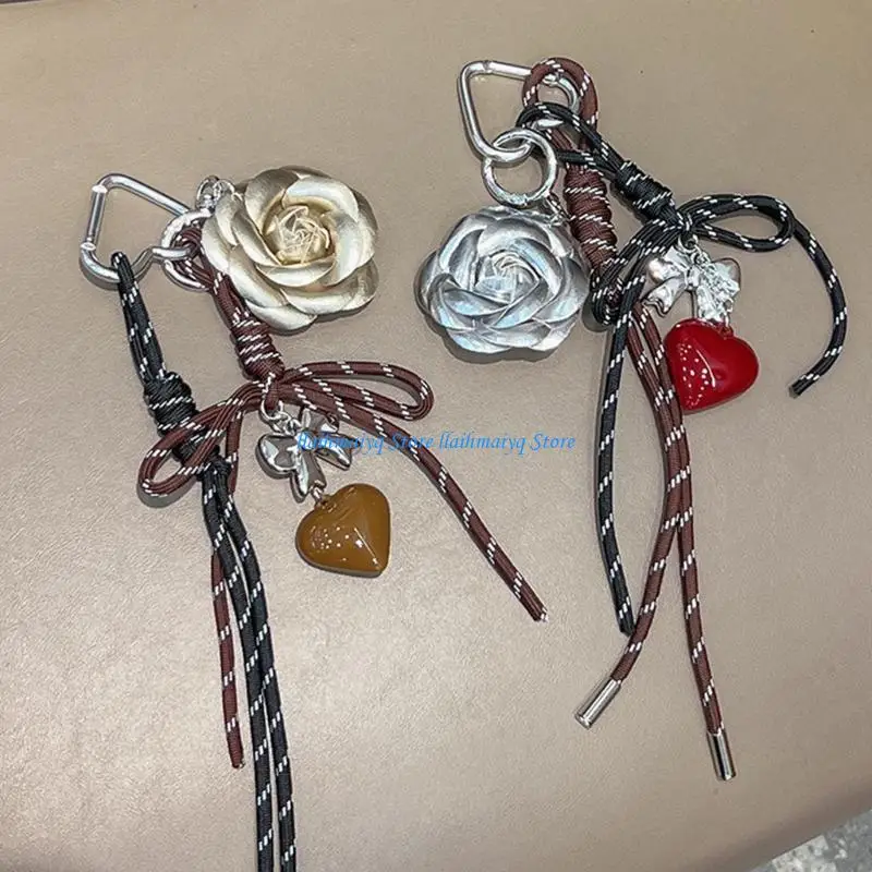 

573B Creative Heart Pendant with Braided Cord Camellia Flowers Gift