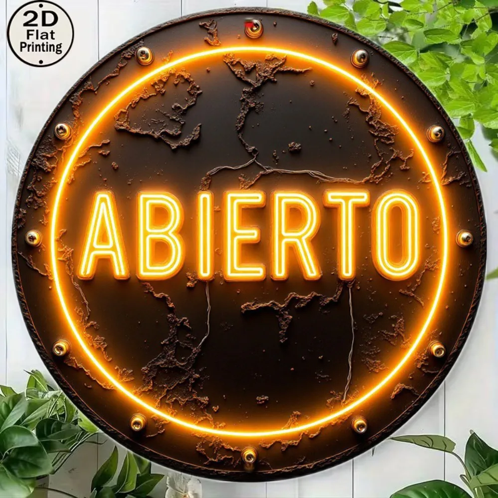 Round Metal Tin Sign ABIERTO Fake Neon Print Wall Decor, Non LED 2D Flat Metal Plaque For Spanish Latin Shop Restaurant