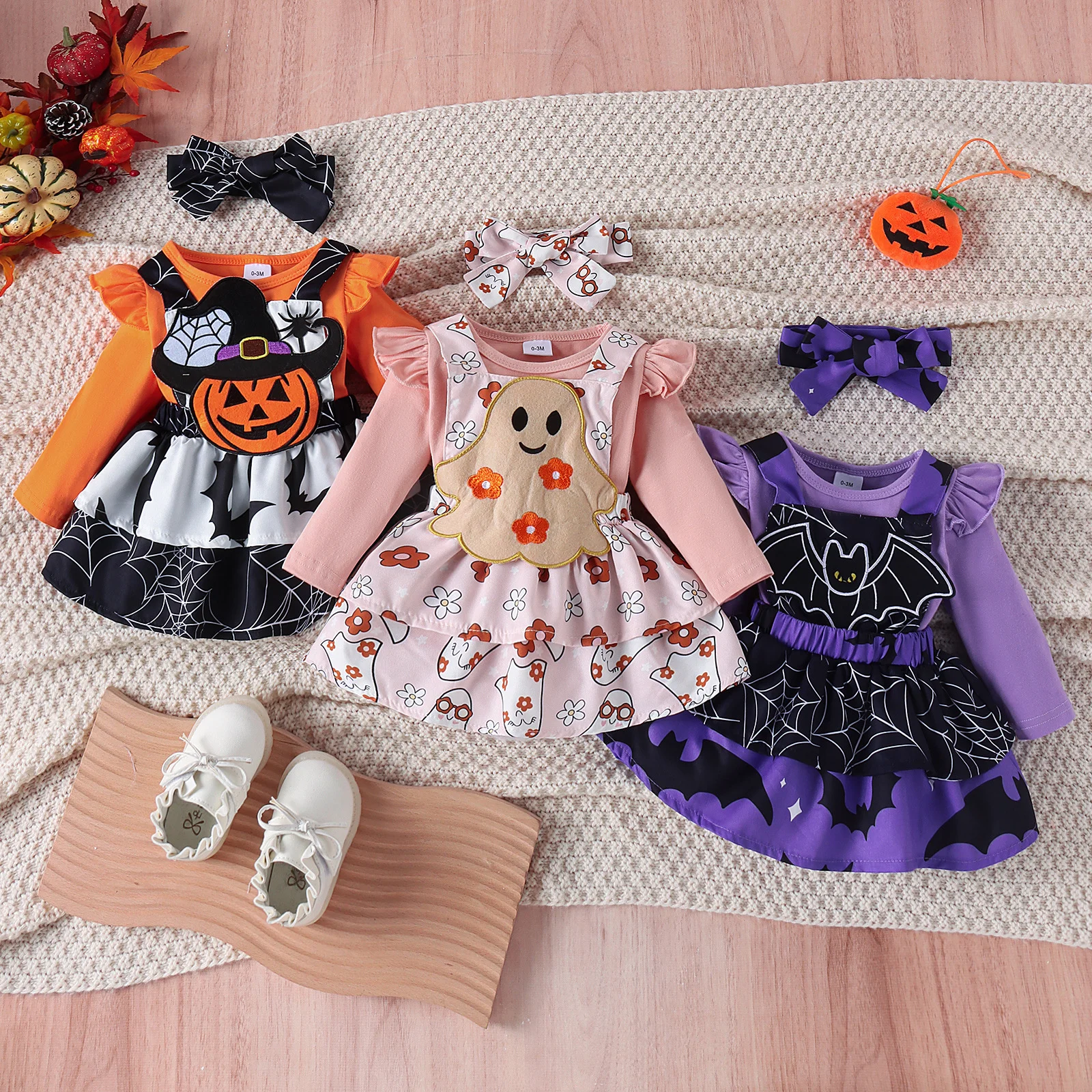 

Halloween Baby Girl Clothes Set Autumn Baby Romper Sets Flying Sleeve Pumpkin Ghost Embroidery Suspender Skirt With Headband