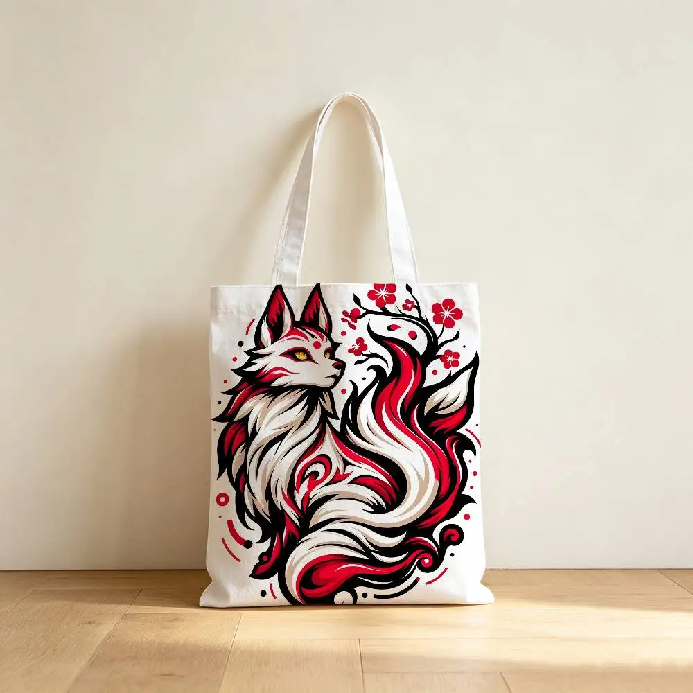 Anime Fox Canvas Tote Bag Waterproof Lining Large Capacity Reusable Shopping Bags Casual Student Daily Handbag