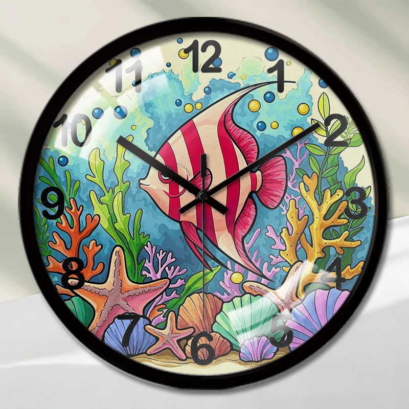 Pink White Strip Fish Cartoon Round Silent Hanging Wall Clock,Suitable For Living Room,School,Study Room,Bedroom,Children's Gift