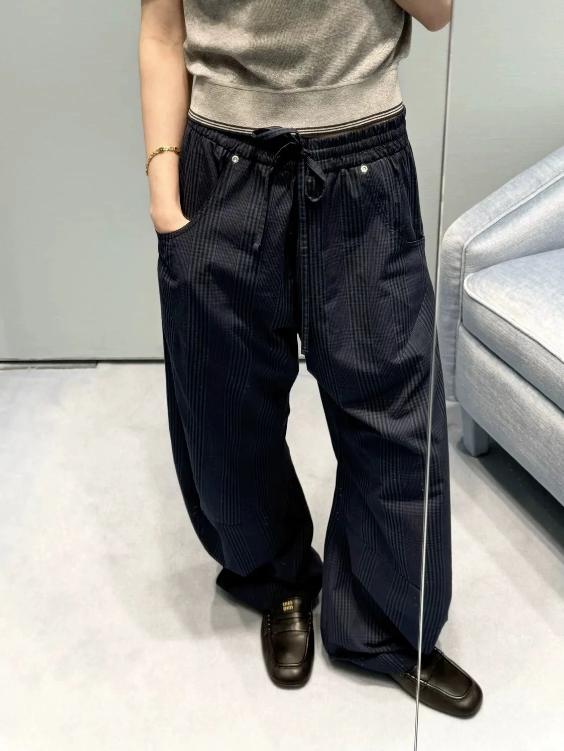 

Loose Fit Wide Leg Pants WR Pattern Men's Women's Black Drawstring Elastic Waist Casual Knife- Long Trousers