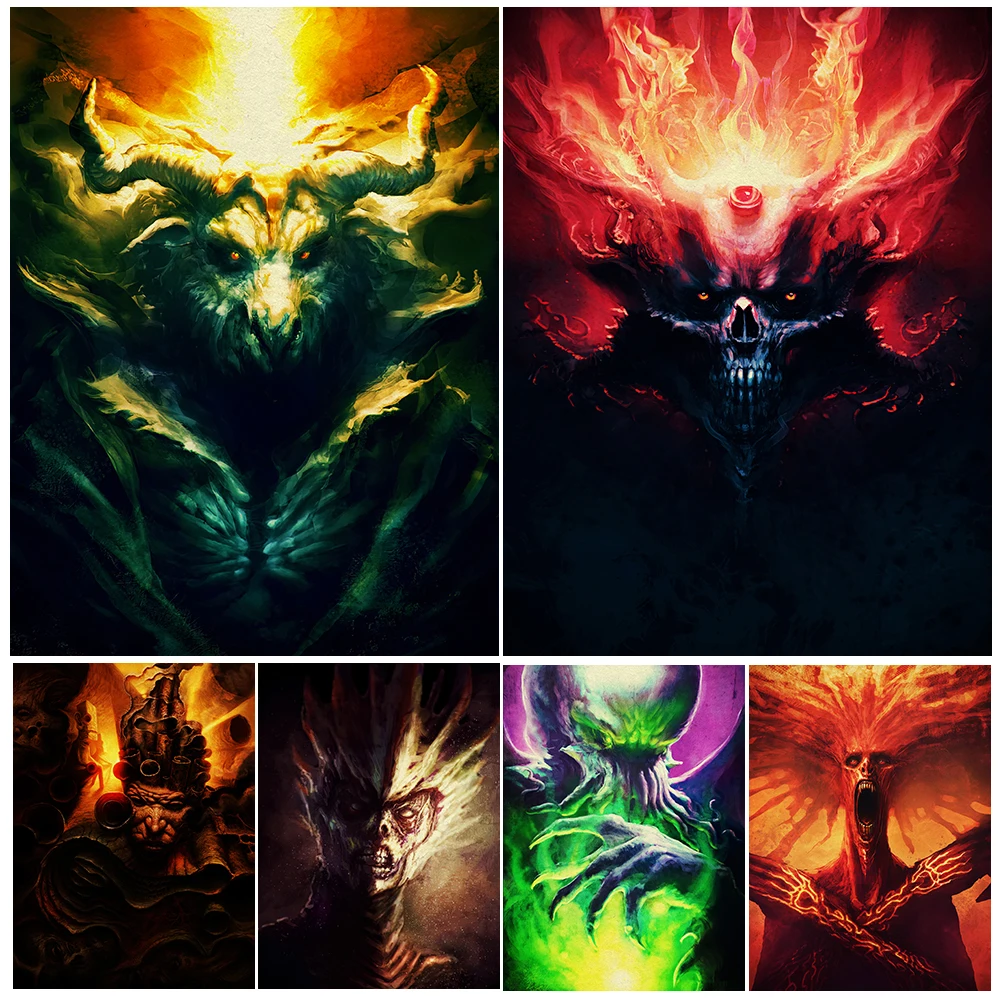 

Devil Portrait,Gothic Wall Art Canvas Painting,Six-Eyed Demon, Cthulhu,Goat-Monster,Demon King Art, Poster And Print, Home Decor