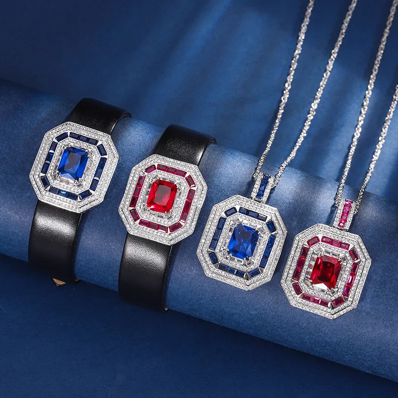 

Rectangle 8*10mm Lab Blue Sapphire Gem Red Ruby Diamond Rings or Charm Leather Bracelet Copper Jewelry Sets For Women