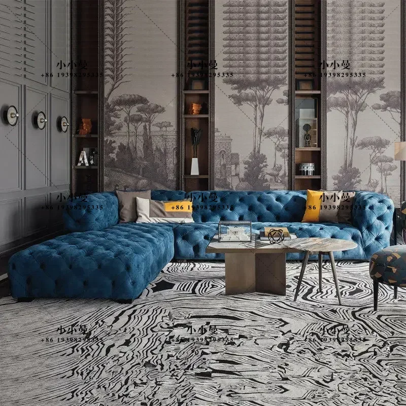 Velvet fabric blue buckle villa living room model room Italian light luxury sofa