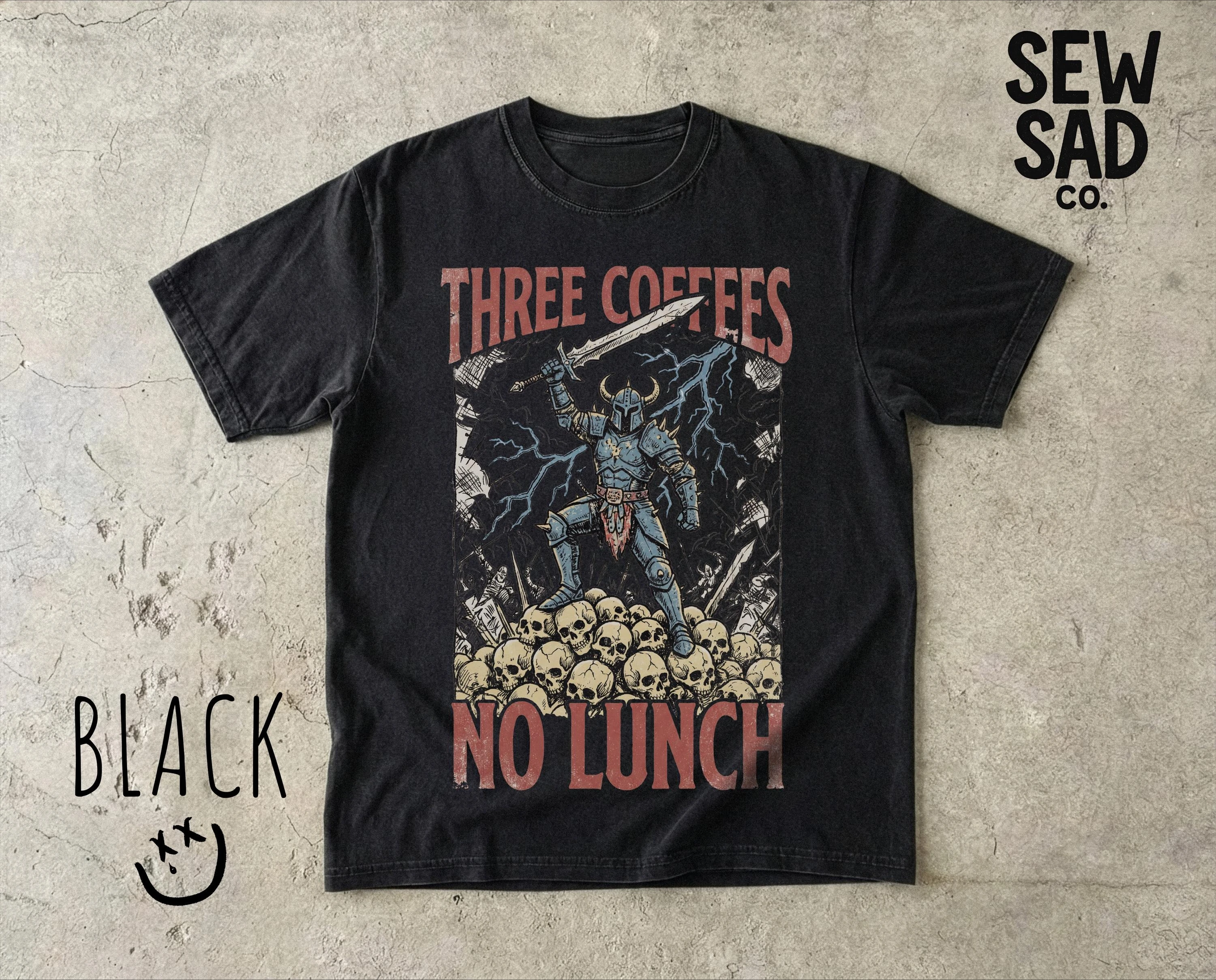 Three Coffees No Lunch Comfort Colors Shirt, Funny Coffee Tee, Dark Humor Shirt, Sarcastic Work Tee, Warrior Graphic Shirt