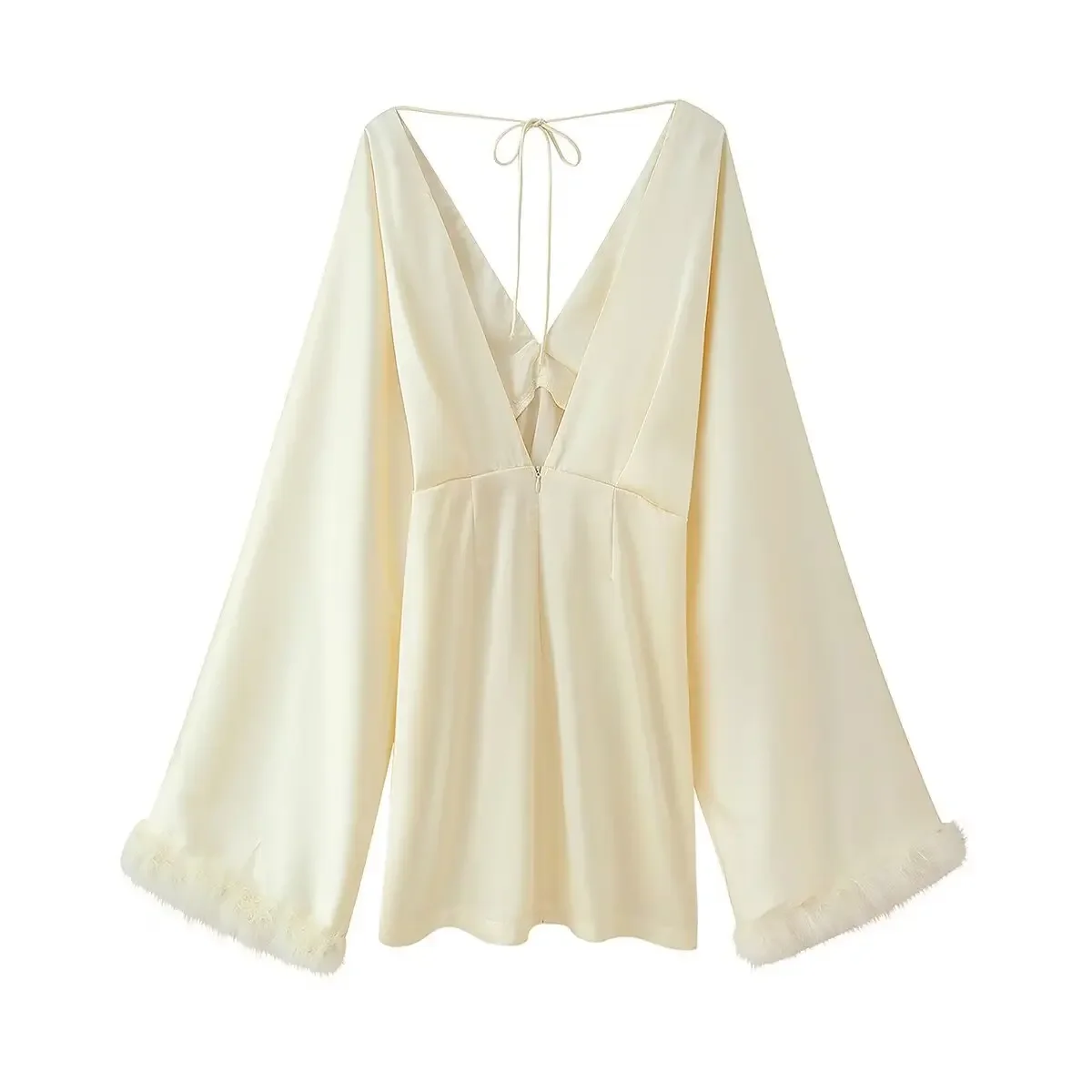 

Fashion Autumn Solid Lady Robe New Feathers Party Dress Women Sexy Deep V-neck Long Flare Sleeve Patchwork Short Dresses