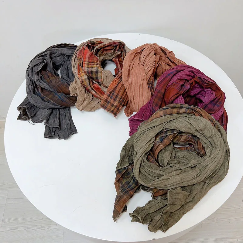 Johnature 2024 New Vintage Cotton Linen Patchwork Hit Color Japanese Women Scarf Stylish Warm Pleated Autumn Winter Scarf Shawl