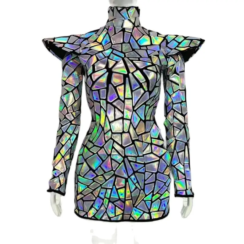 

Silver Laser Mirror Sequins Short Dress Bar Nightclub Women Singer Stage Performance Costume Party Show Dance Clothes