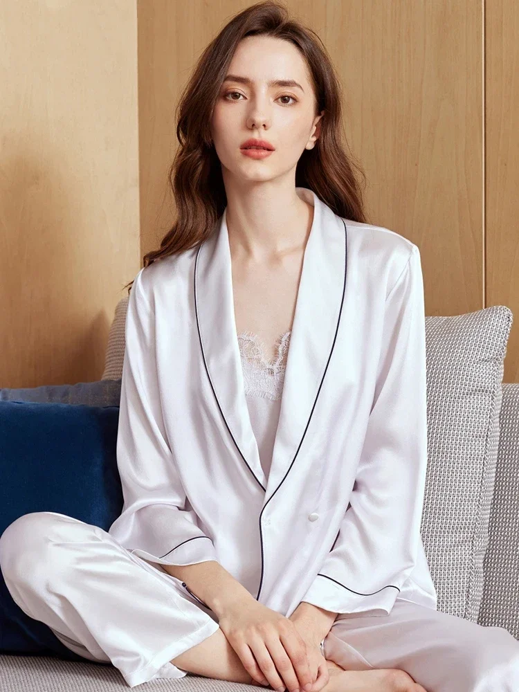 French Lace Trim 3-Piece Silk Set 100% Mulberry Silk Women's Camisole & Long Sleeve Robe & Trousers Pajama Suit Elegant Homewear