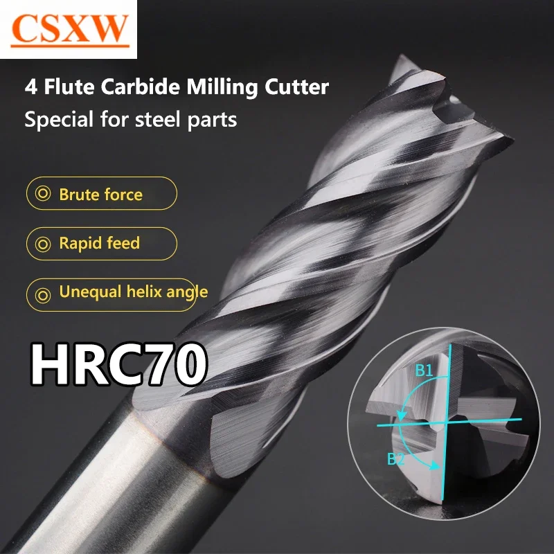 HRC70 CNC Carbide End Mill Tungsten Cutter 4 Flute Metal Steel Machining Tool 1 2 3 4 6 8 10 12 Shank Key Face Square Router Bit