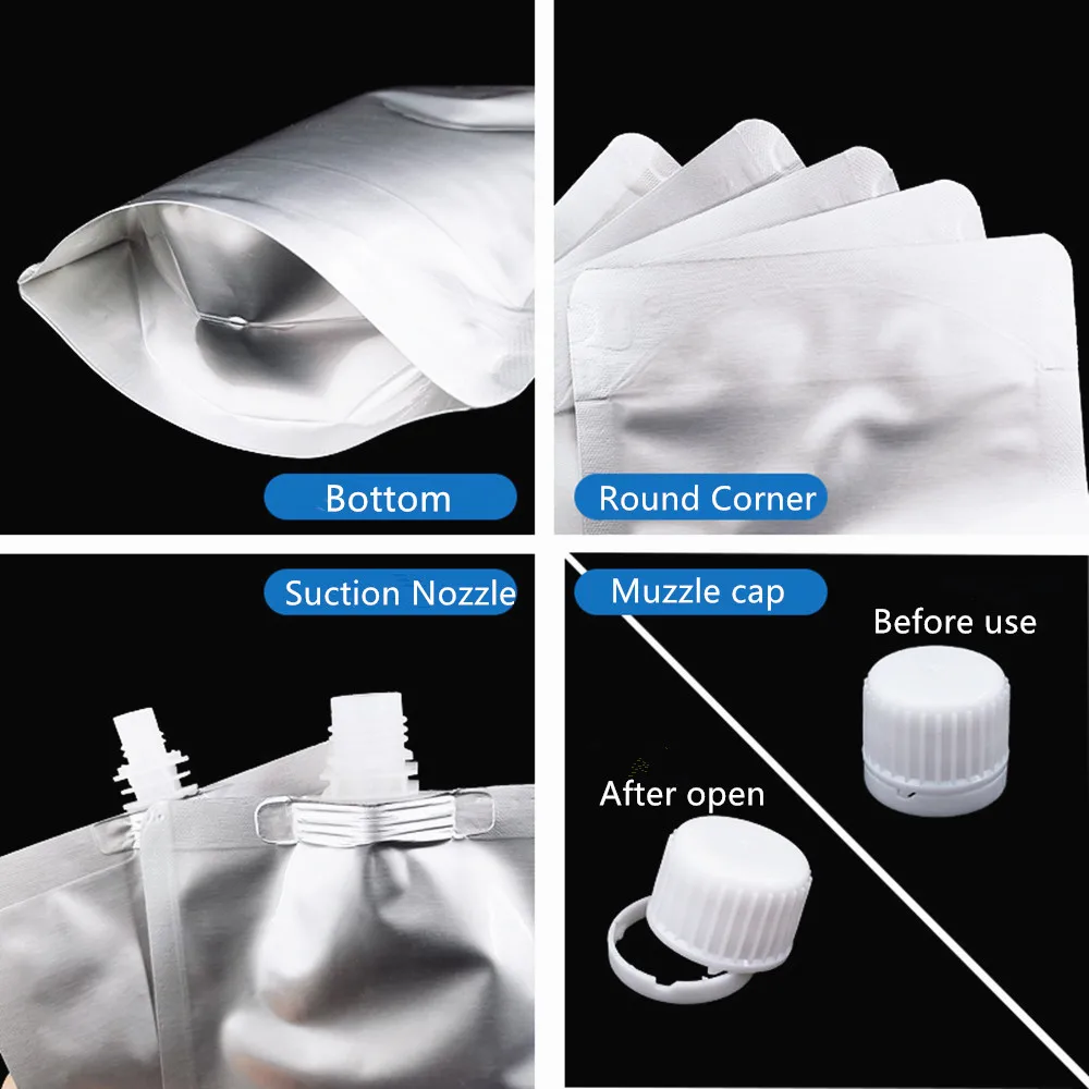 20pcs Silvery White Stand Liquid Packaging Bags Food Grade Pure Aluminum Foil Pouches with Suction Nozzle Drinks Package Doypack