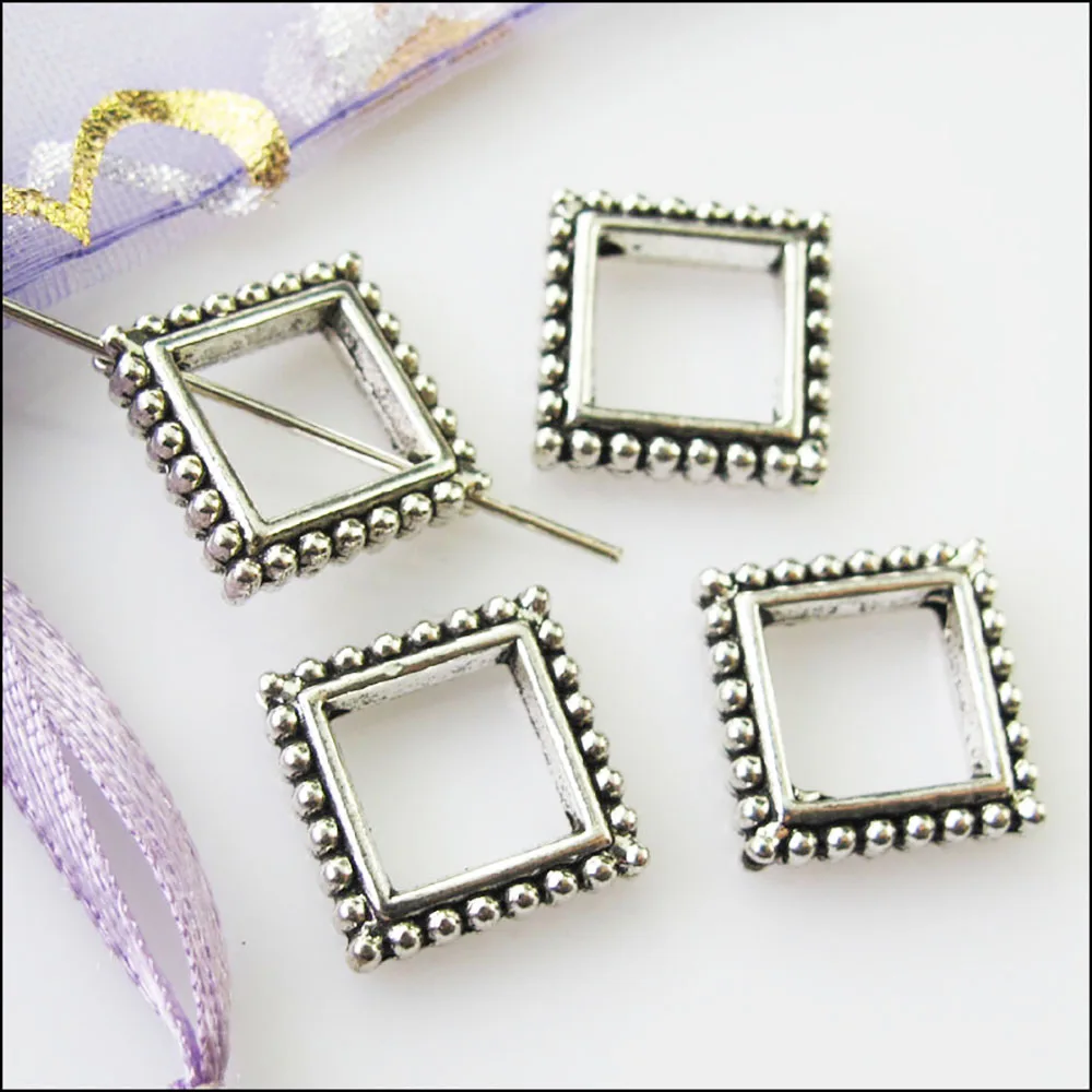 16Pcs Antiqued Silver Color Square Circle Spacer Beads Frame Charms 13mm