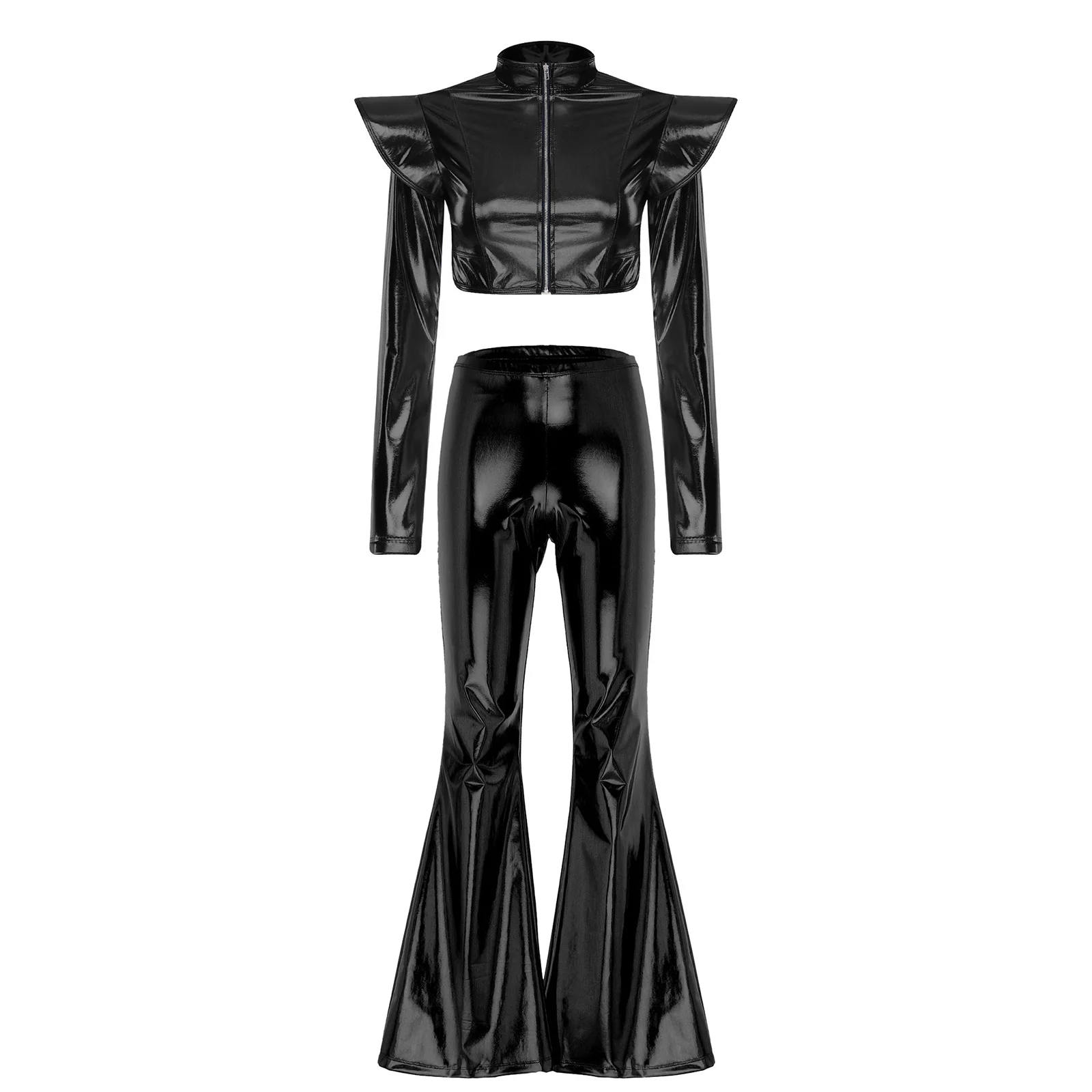 Womens Metallic Shiny Alien Robot Costume Long Sleeve Zipper Crop Tops with Flared Pants for Halloween Rock Music Party Clubwear