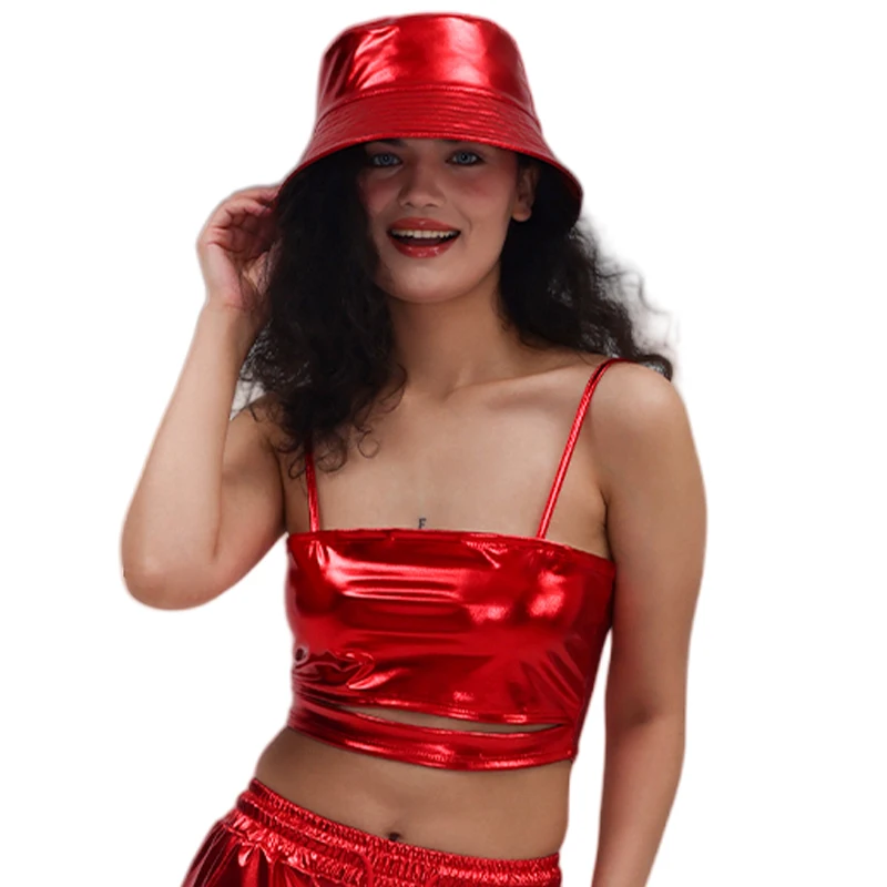 Женский укороченный топ с эффектом металлик, блестящий топ на бретелях в стиле хип-хоп, костюм для уличных танцев, сценический костюм, черлидинг, на тонких бретельках