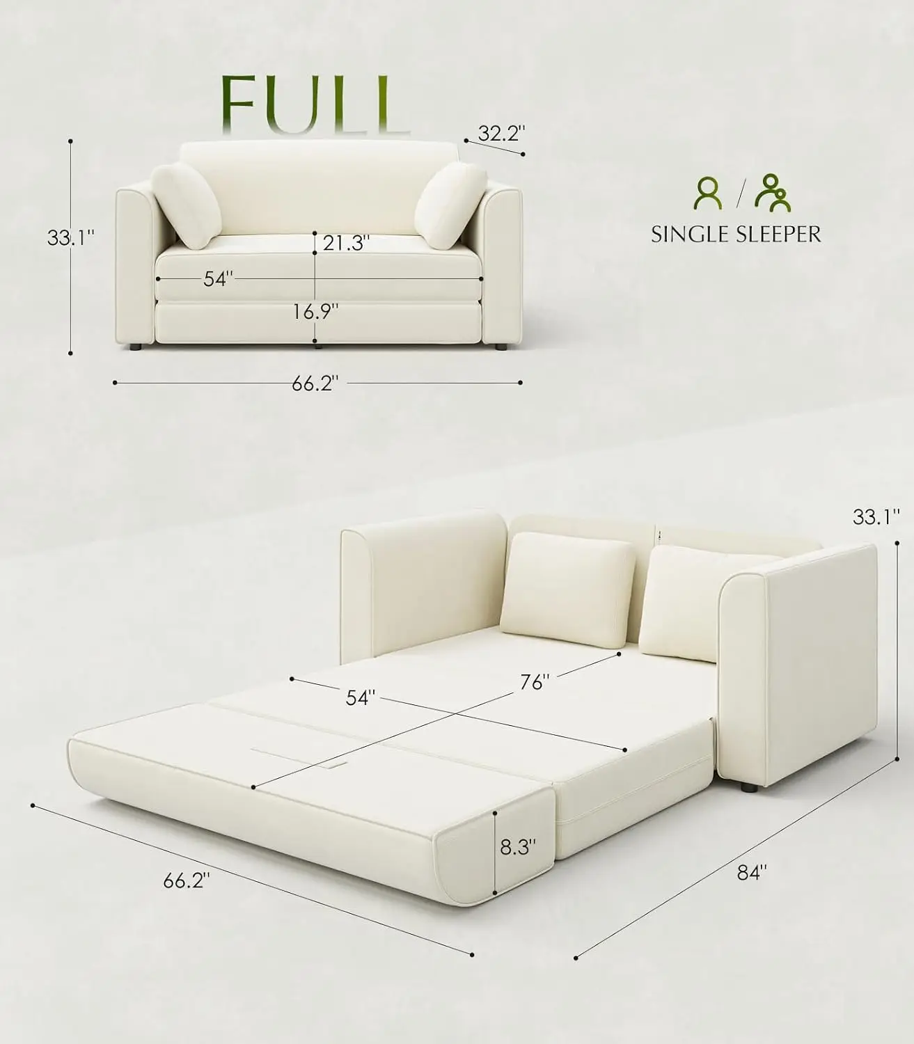 Sleeper Sofa Bed 65 Loveseat Sofa Convertible Couch Bed White Full Size Sleeping Area Pet-Friendly Chenille, Custom